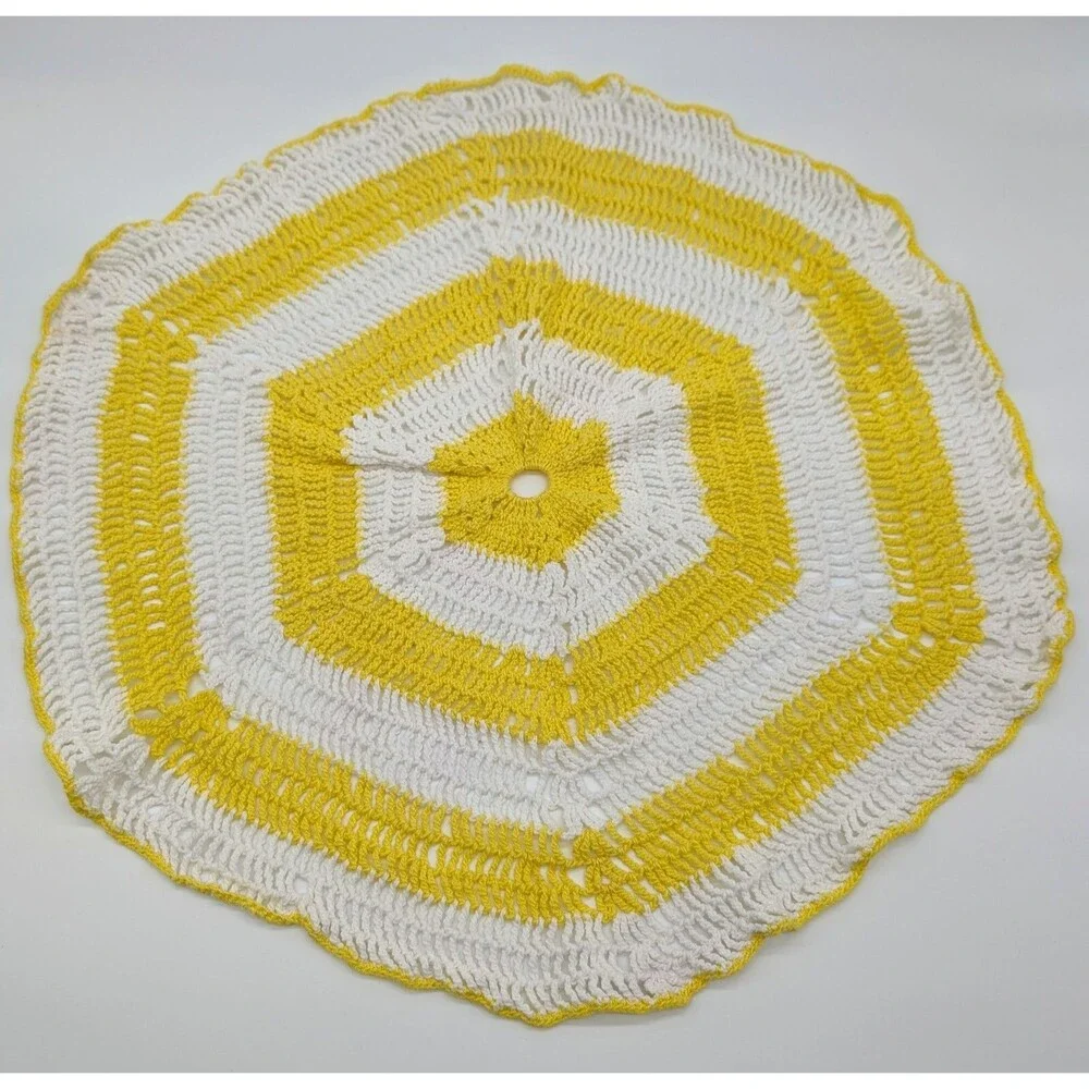 Retro Bright Yellow White Round Handmade Crocheted Cotton Doily 17.5